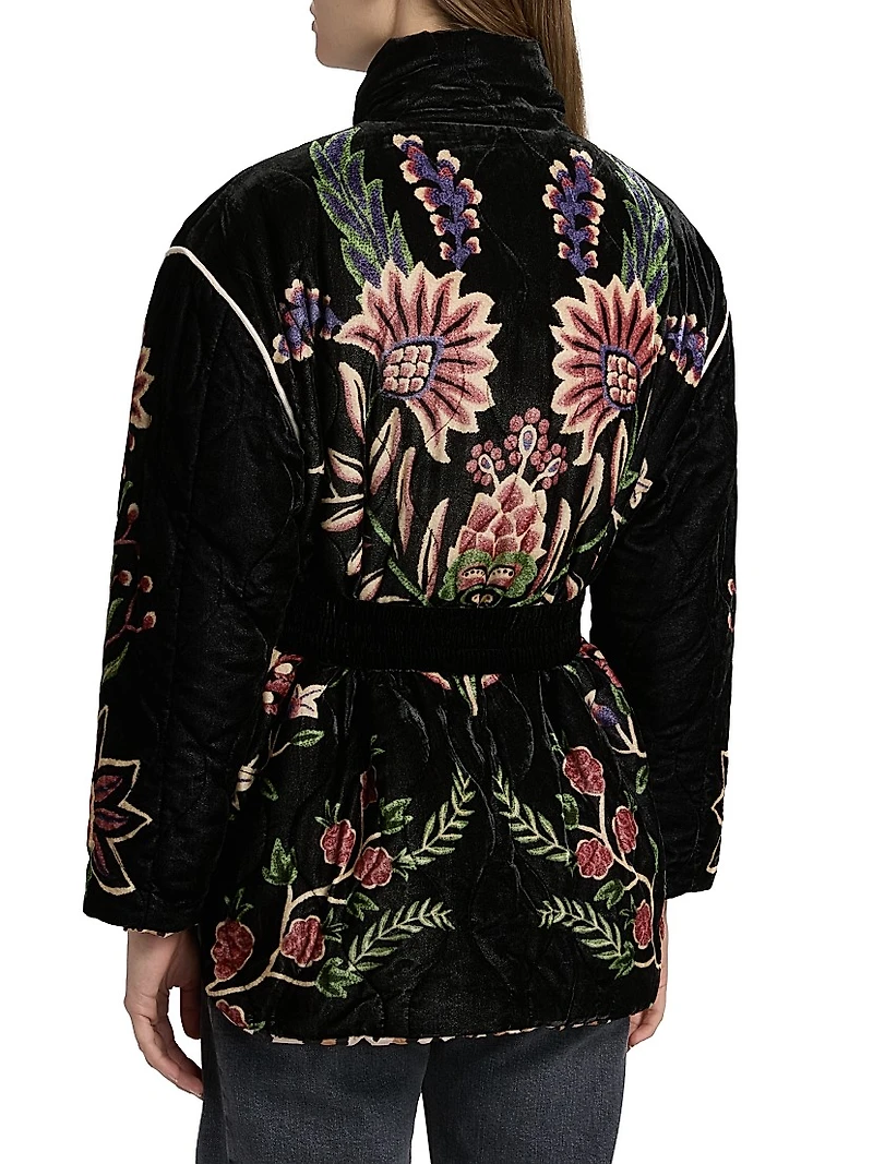 Marvelous Garden Floral Velour Belted Puffer Jacket