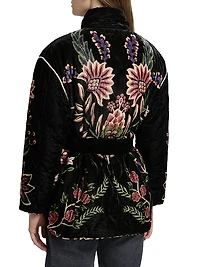 Marvelous Garden Floral Velour Belted Puffer Jacket
