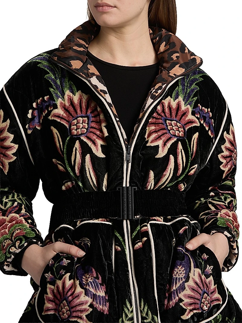 Marvelous Garden Floral Velour Belted Puffer Jacket