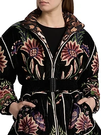Marvelous Garden Floral Velour Belted Puffer Jacket