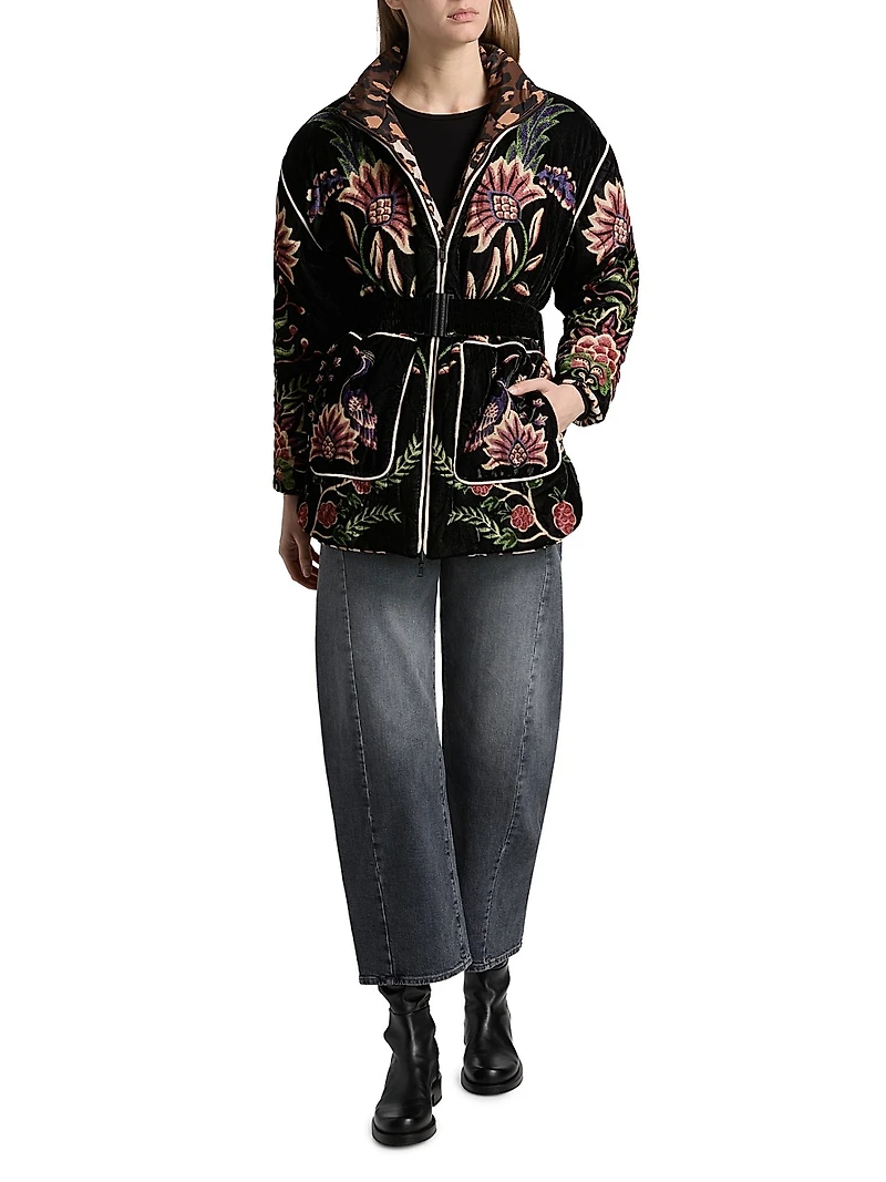 Marvelous Garden Floral Velour Belted Puffer Jacket