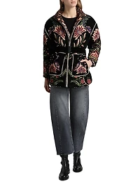 Marvelous Garden Floral Velour Belted Puffer Jacket