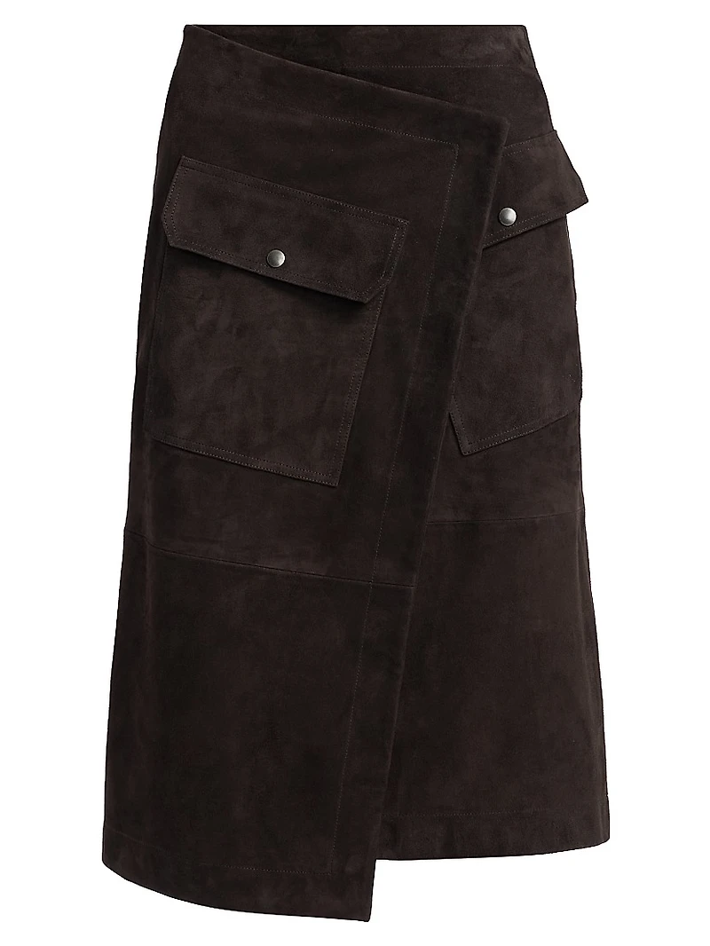 Asymmetric Suede Wrap Midi-Skirt