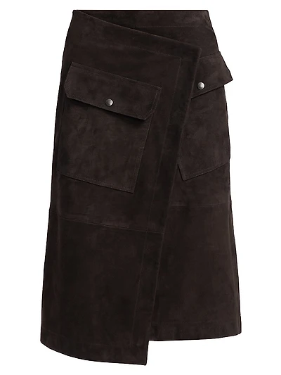 Asymmetric Suede Wrap Midi-Skirt