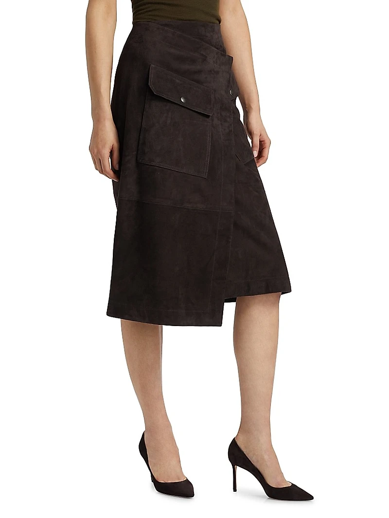 Asymmetric Suede Wrap Midi-Skirt