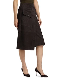 Asymmetric Suede Wrap Midi-Skirt