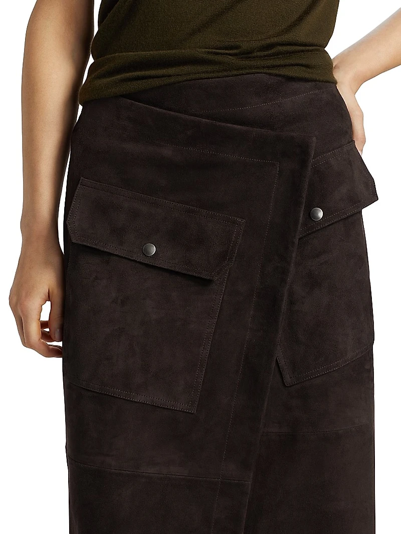 Asymmetric Suede Wrap Midi-Skirt