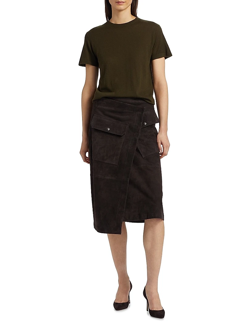 Asymmetric Suede Wrap Midi-Skirt