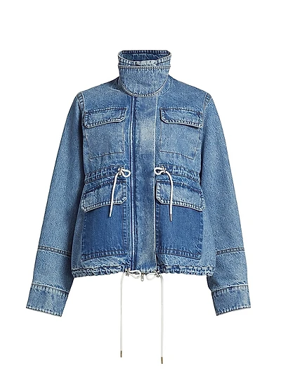 Drawstring Cotton Denim Military Jacket