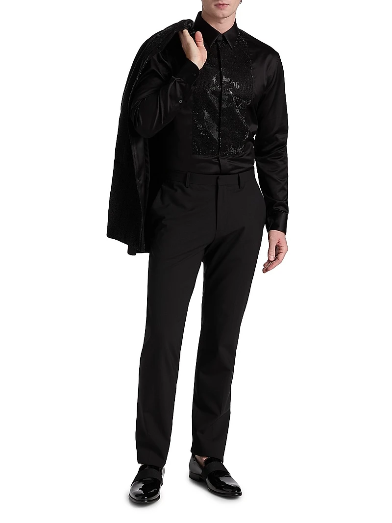 Sequined-Bib Cotton Tux Shirt