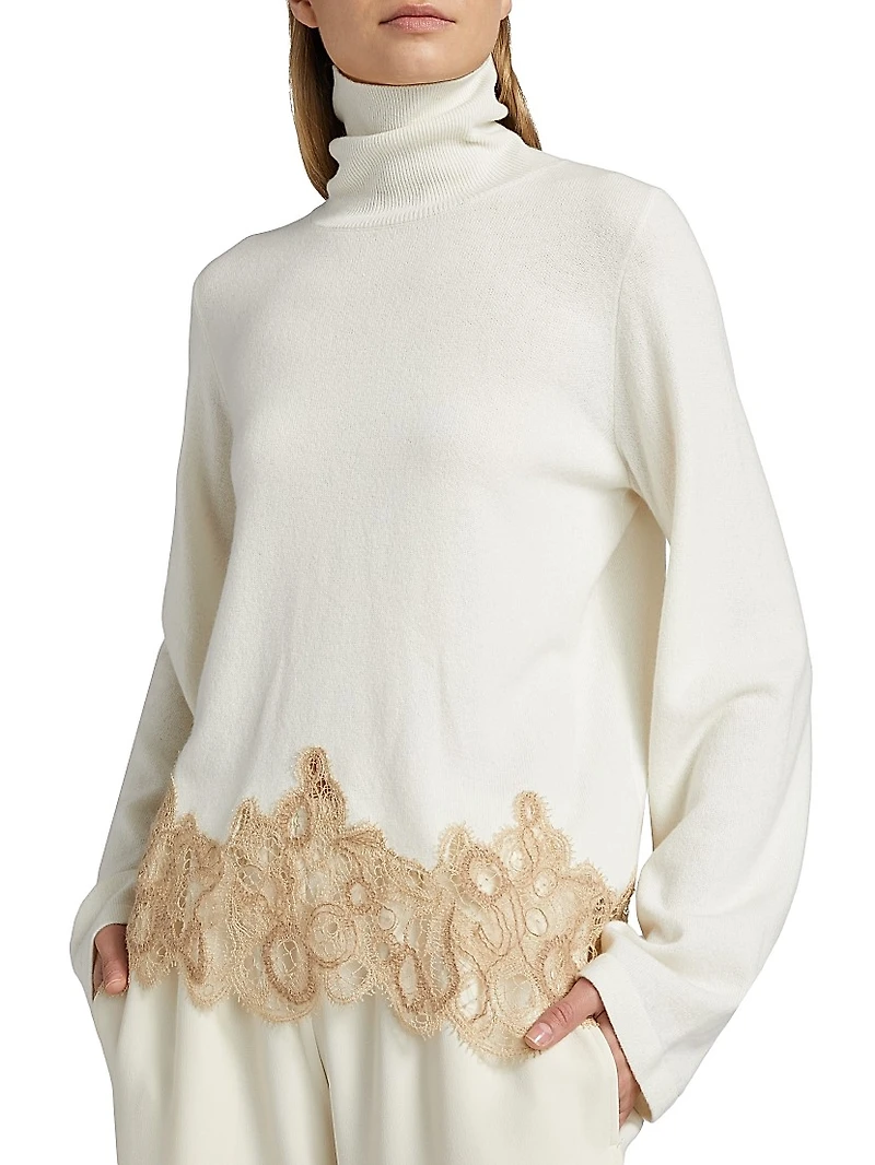 Lace-Trimmed Wool-Blend Turtleneck Sweater