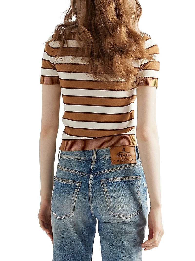 Short-Sleeved Striped Cotton Cardigan