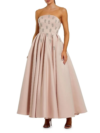 Embellished Satin Strapless Tea-Length Dress