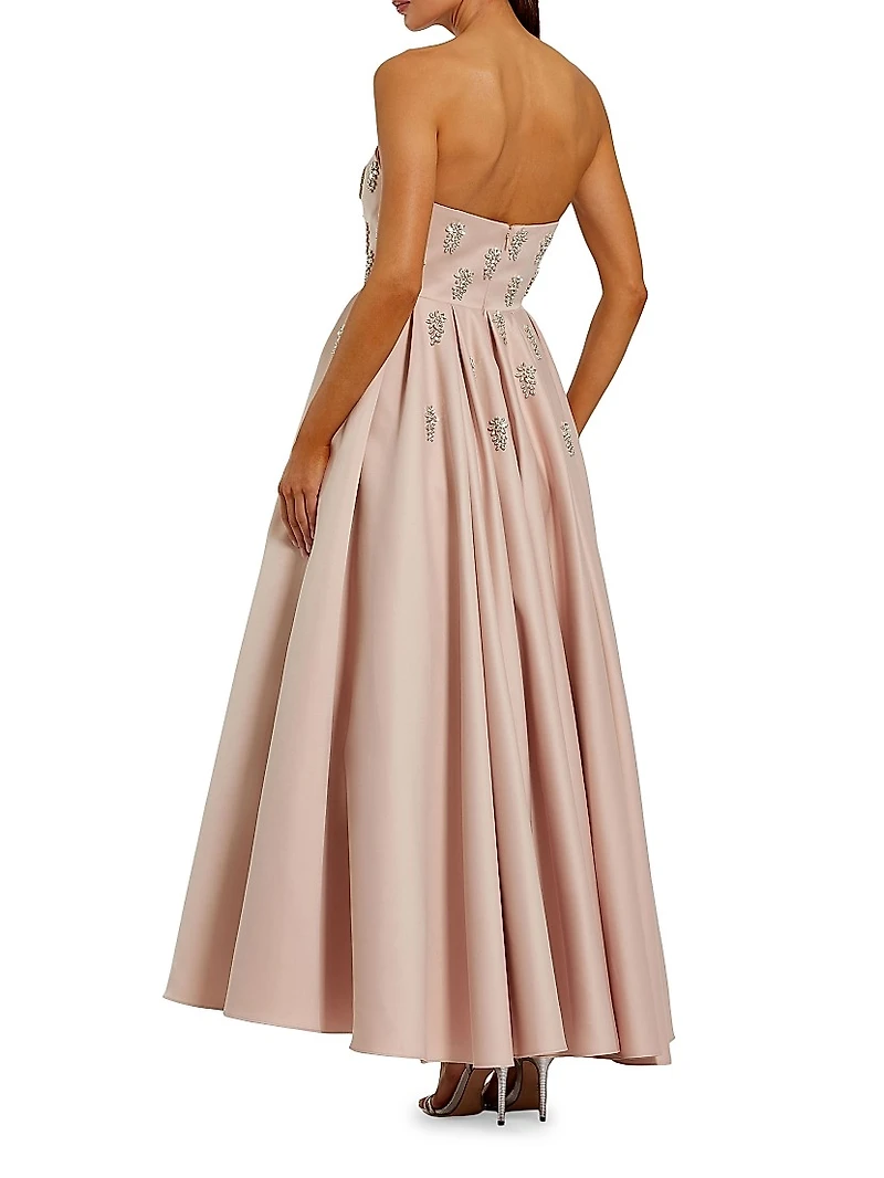 Embellished Satin Strapless Tea-Length Dress