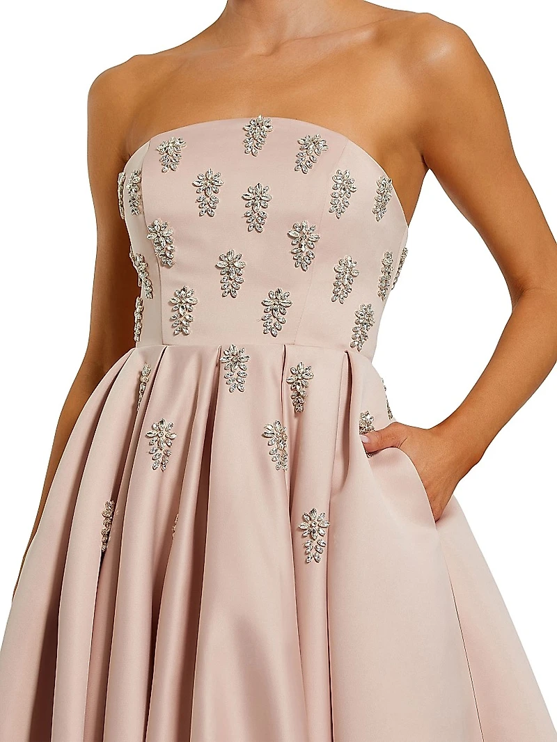 Embellished Satin Strapless Tea-Length Dress