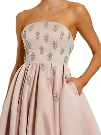Embellished Satin Strapless Tea-Length Dress