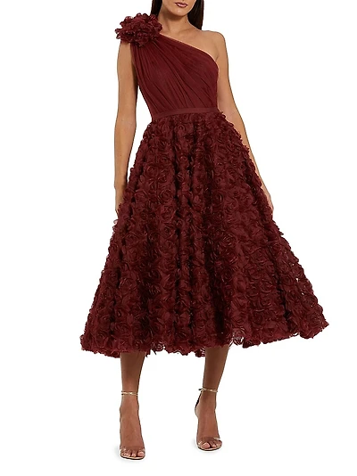 One-Shoulder 3D Flower Tea-Length Dress