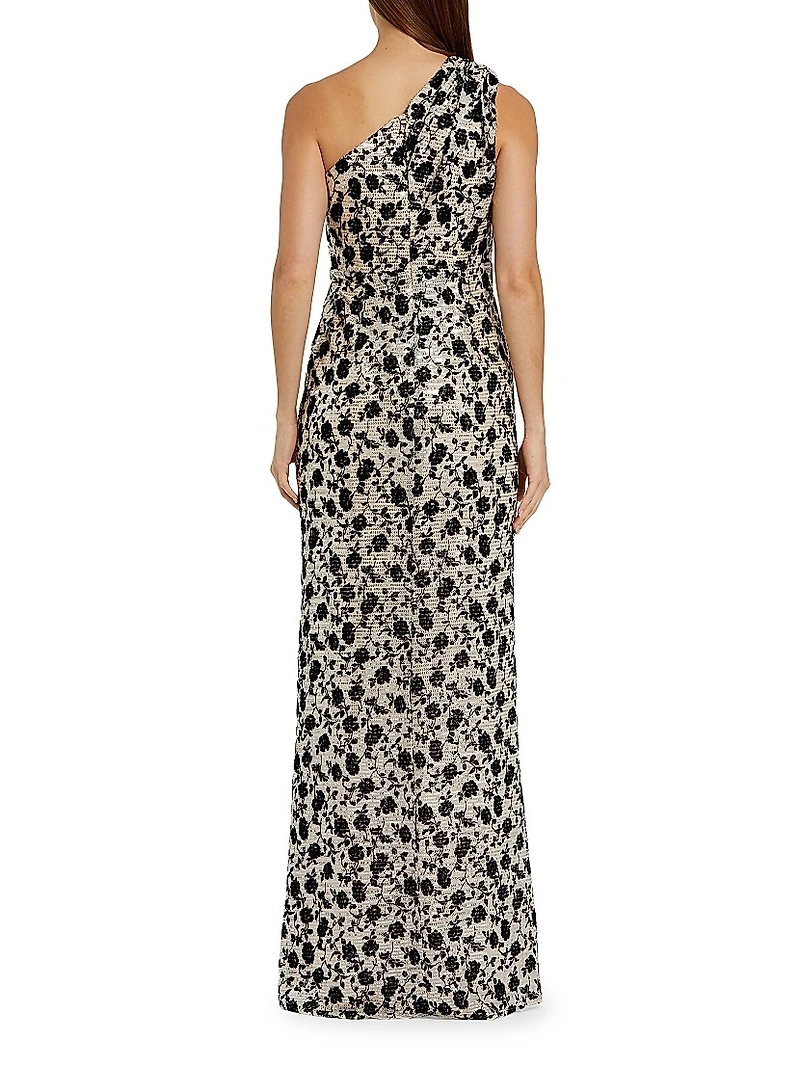 Floral Sequin One-Shoulder Gown