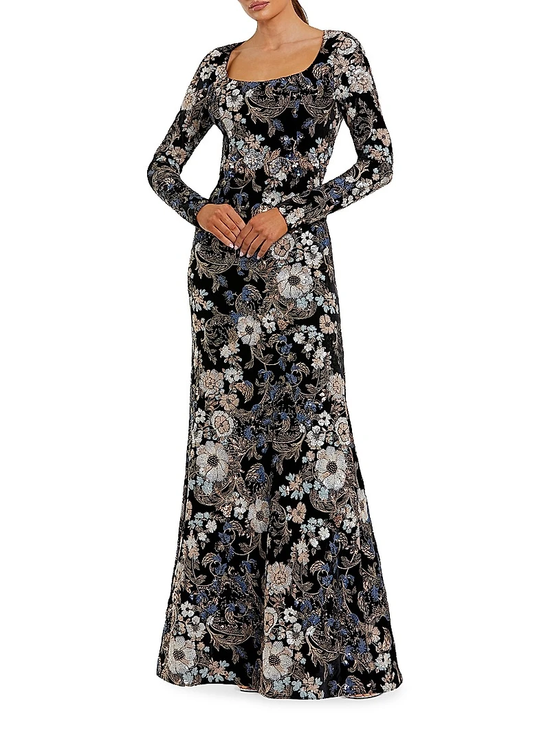 Embroidered Velvet Long-Sleeve Gown