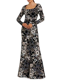 Embroidered Velvet Long-Sleeve Gown