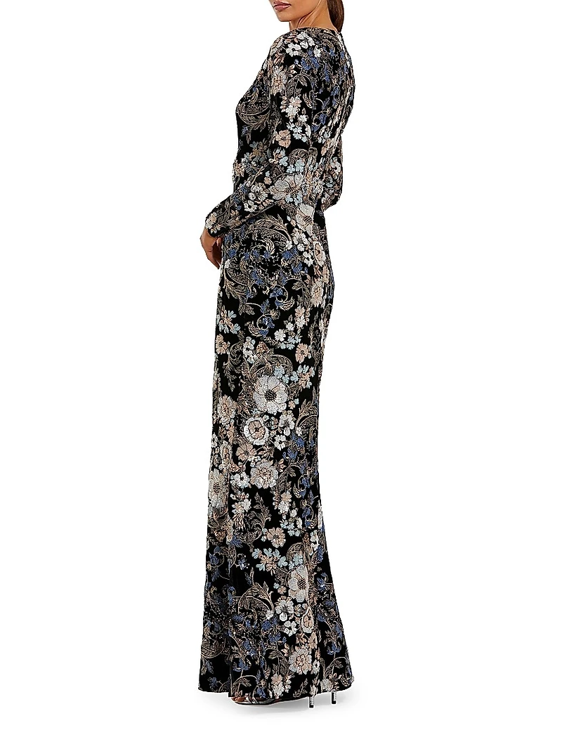 Embroidered Velvet Long-Sleeve Gown