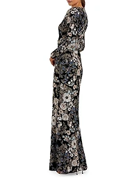 Embroidered Velvet Long-Sleeve Gown