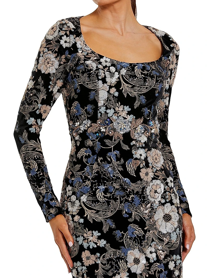 Embroidered Velvet Long-Sleeve Gown