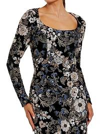 Embroidered Velvet Long-Sleeve Gown