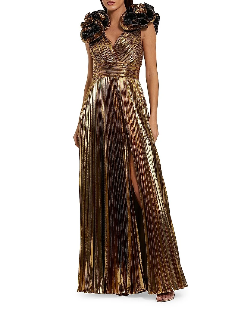 Pleated Metallic Ruffle-Trim Gown
