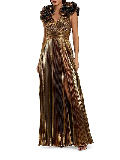 Pleated Metallic Ruffle-Trim Gown