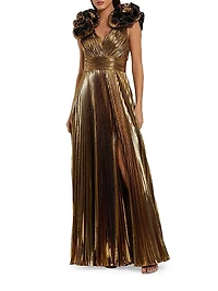Pleated Metallic Ruffle-Trim Gown
