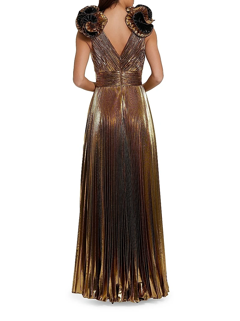 Pleated Metallic Ruffle-Trim Gown