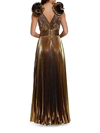 Pleated Metallic Ruffle-Trim Gown