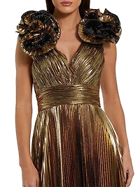 Pleated Metallic Ruffle-Trim Gown