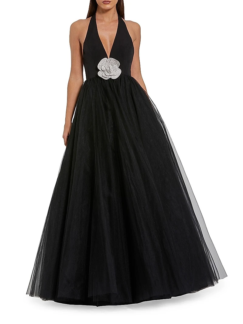 Flower Embellished Halterneck Ball Gown