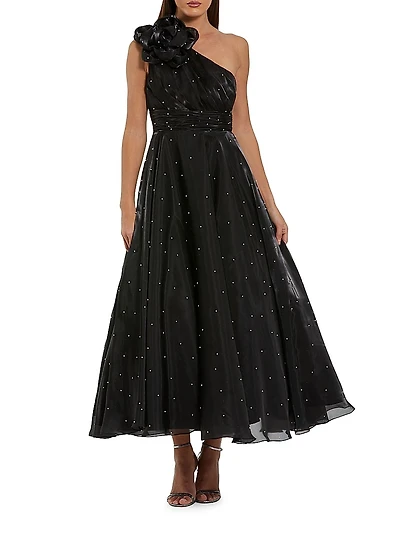 Pearl Beaded Organza One-Shoulder Tea-Length Dress