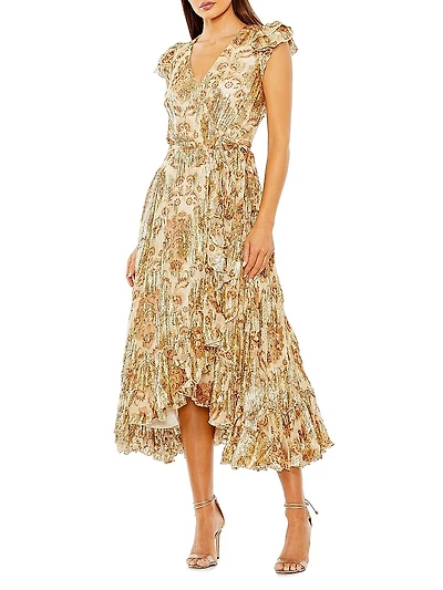Flutter-Sleeve Floral Metallic Wrap Midi-Dress