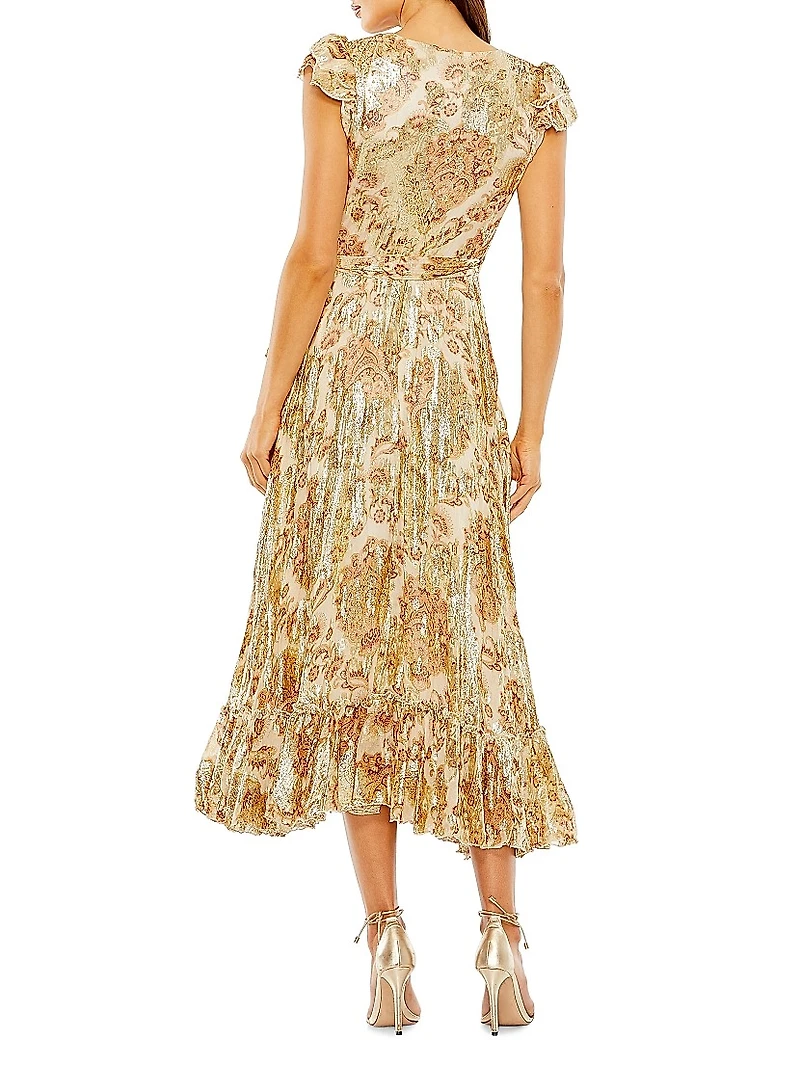 Flutter-Sleeve Floral Metallic Wrap Midi-Dress
