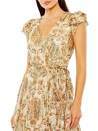 Flutter-Sleeve Floral Metallic Wrap Midi-Dress