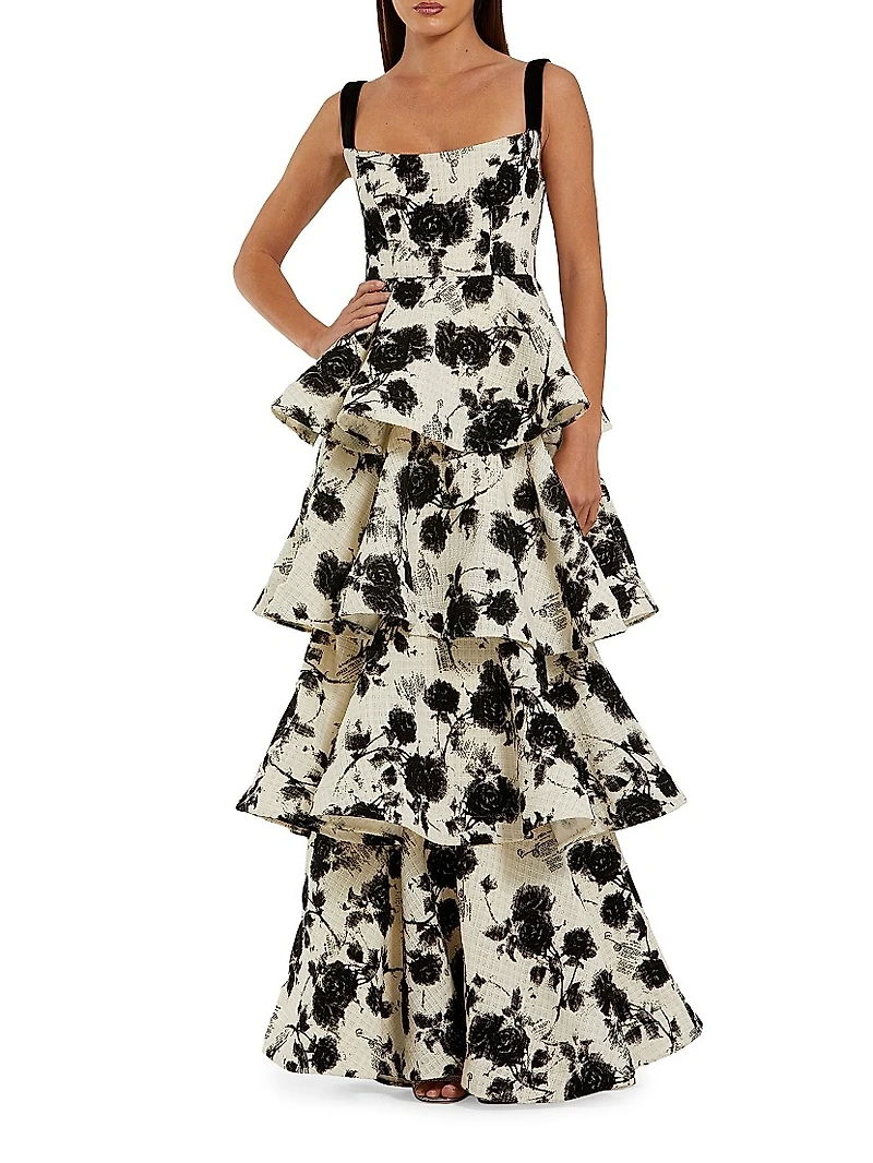 Floral Bouclé Tiered Gown
