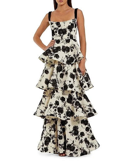Floral Bouclé Tiered Gown