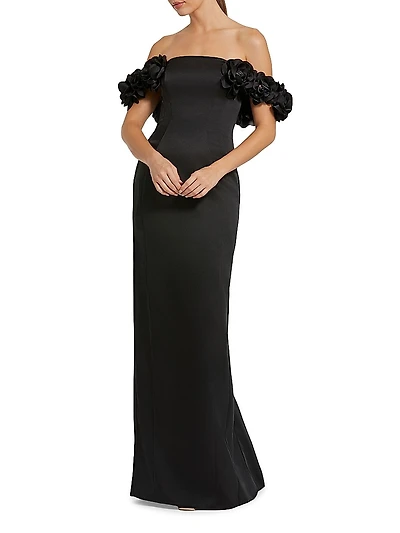 Satin 3D Flower Off-The-Shoulder Mermaid Gown