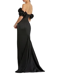 Satin 3D Flower Off-The-Shoulder Mermaid Gown