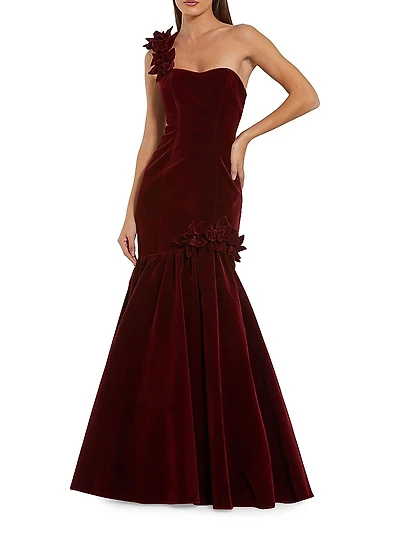 Velvet One-Shoulder Trumpet Bubble Hem Gown