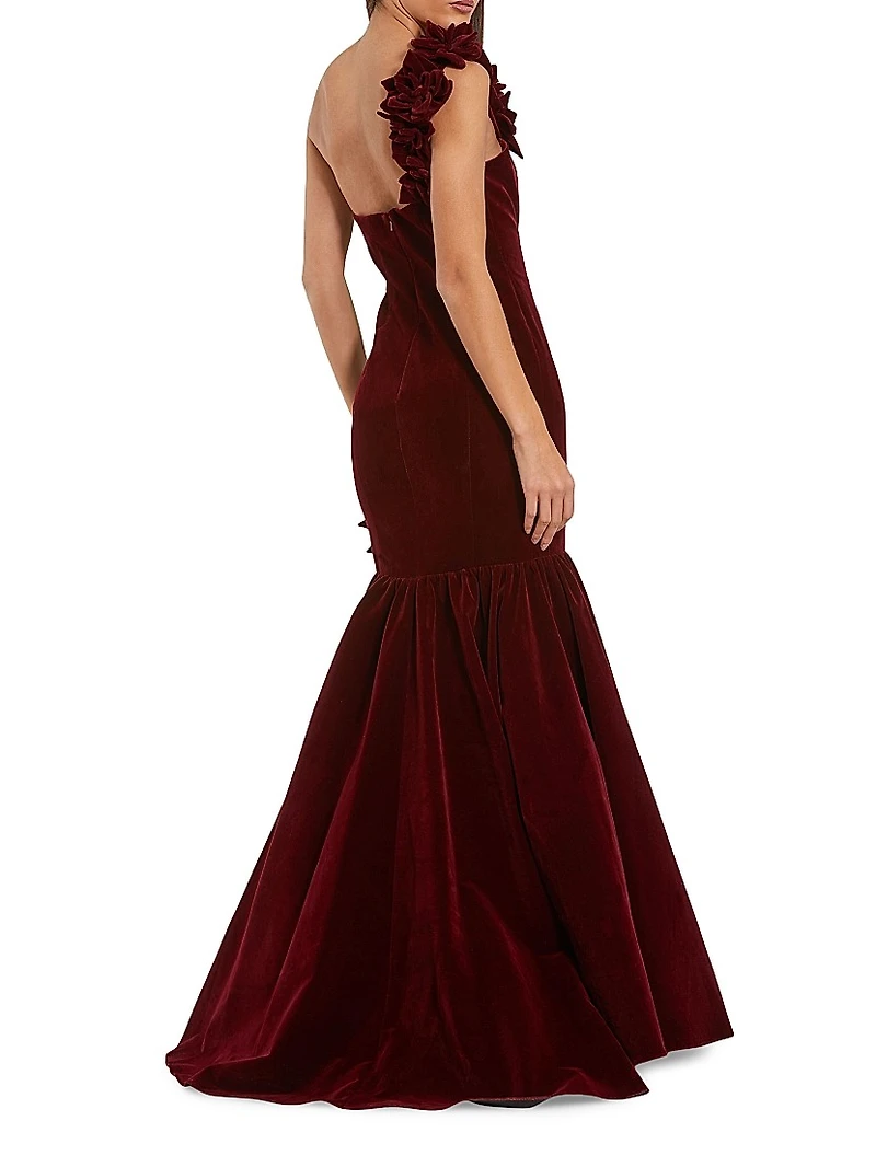 Velvet One-Shoulder Trumpet Bubble Hem Gown