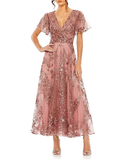 Embellished Flutter Sleeve Faux Wrap Gown