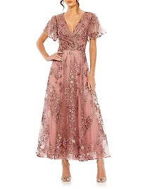 Embellished Flutter Sleeve Faux Wrap Gown