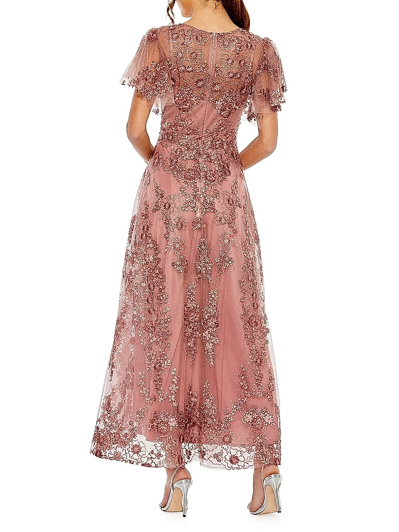 Embellished Flutter Sleeve Faux Wrap Gown