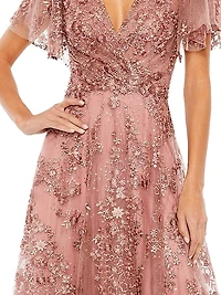 Embellished Flutter Sleeve Faux Wrap Gown