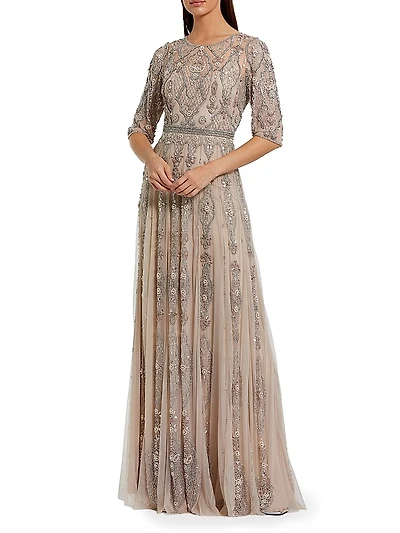 Three-Quarter Sleeve Embellished Mesh Gown